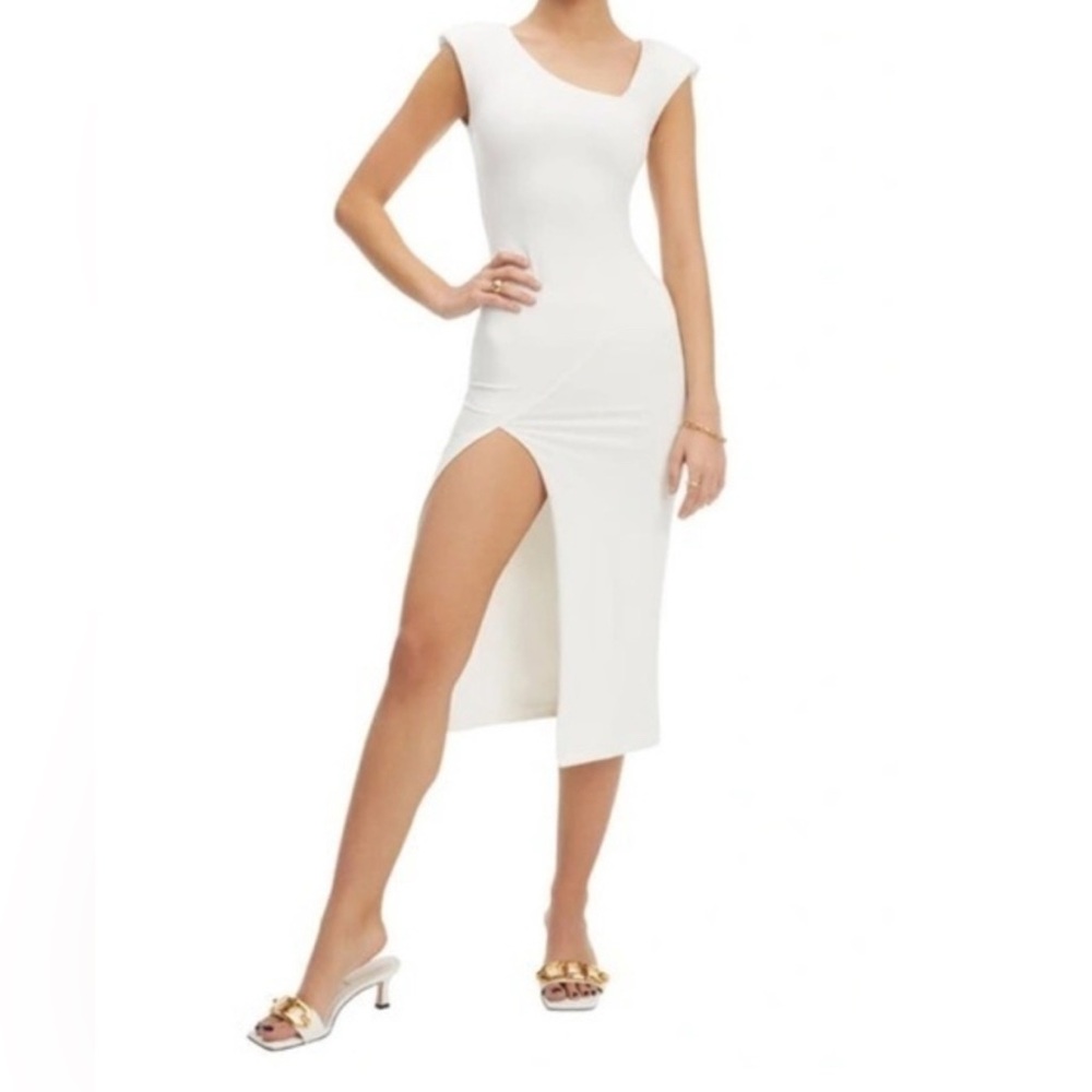 NEW Good American Ivory Asymmetric Padded Shoulder Midi Dress 4/XL